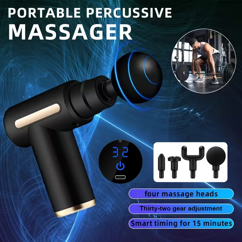 Rechargeable fascia massage gun, LCD display, 32 speed settings, lightweight and portable, comes with 4 interchangeable massager