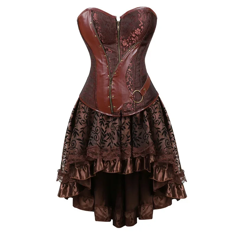 

Steampunk Corset Dress Women Victorian Leather Pirate Overbust Bustiers Corsets Skirts Set Party Exotic Fashion Plus Size Brown