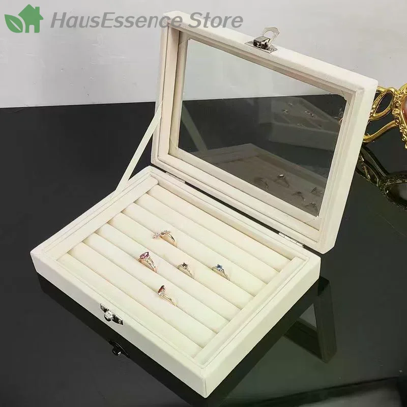 ※Velvet Rings Box Jewelry Display Case Storage Organizer Ring Earrings Box Dustproof Transparent Flip Lid Jewelry Box