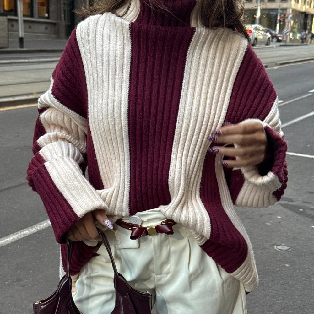 

Fashion Contrasting Striped Knitted Sweater Autumn and Winter Women's Retro Daily Office Thick Warm High Neck Pullover Sweater