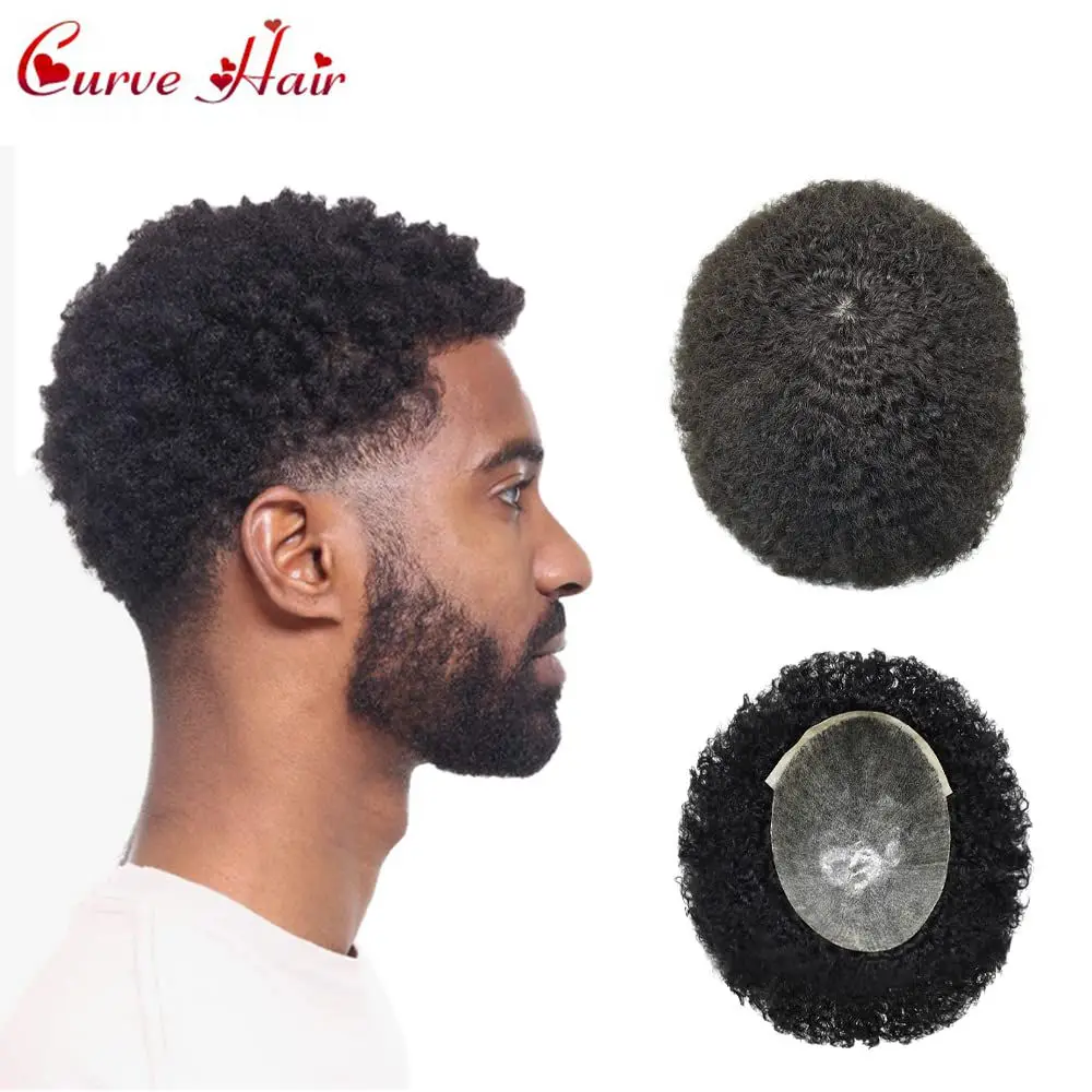 

Afro Toupee for Black Men Full Poly PU Afro Wigs for Man 0.10MM Thin Skin African American Human Hair Unit Kinky Curly Hairpiece