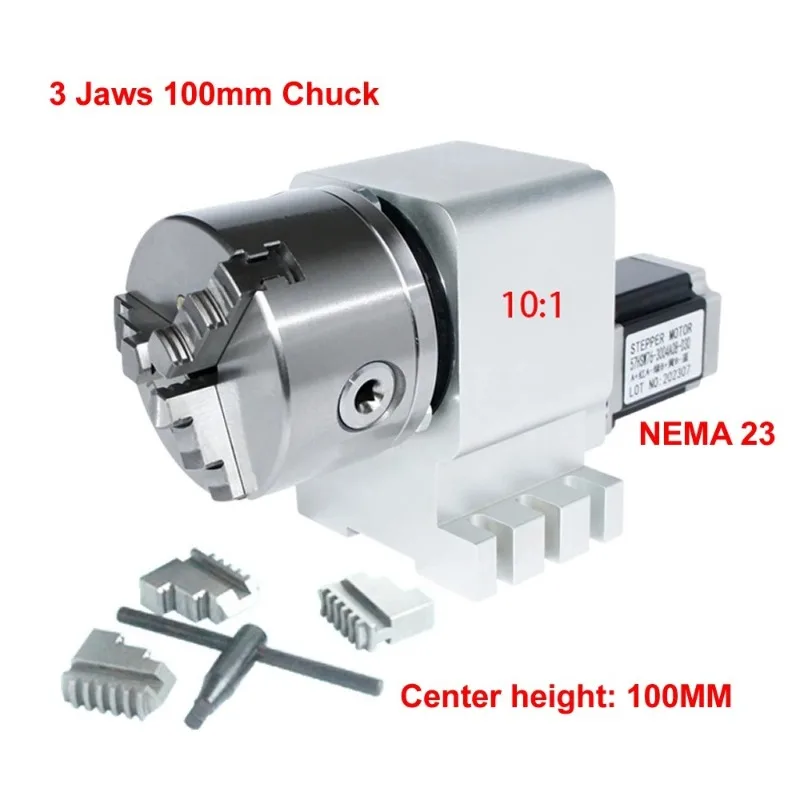 CNC A 4th Axis Rotary Axis Gearbox Reducer NEMA 23 Stepper Motor CNC Indexing Head 3/4 Jaws 100MM Chuck Engraving Machine Tool
