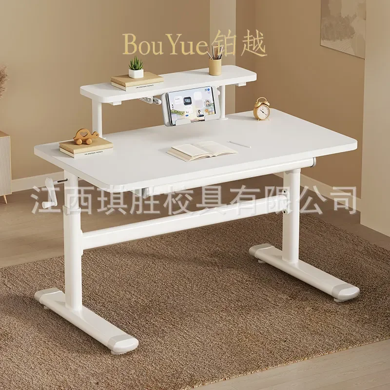 Adjustable Solid Wood Kids Study Desk and Chair Set with Removable Bookshelf White Ergonomic Writing Table for Primary School