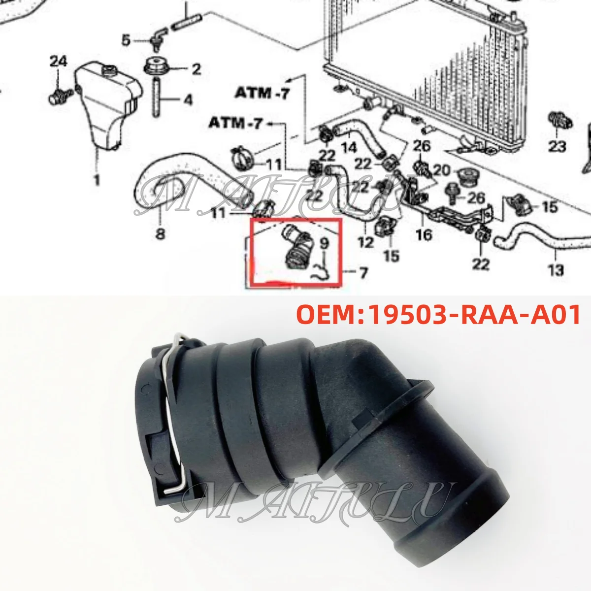 

19503-RAA-A01 for Honda 2005-2008 Odyssey 2003-2006 Accord ELEMENT engine radiator downpipe connector