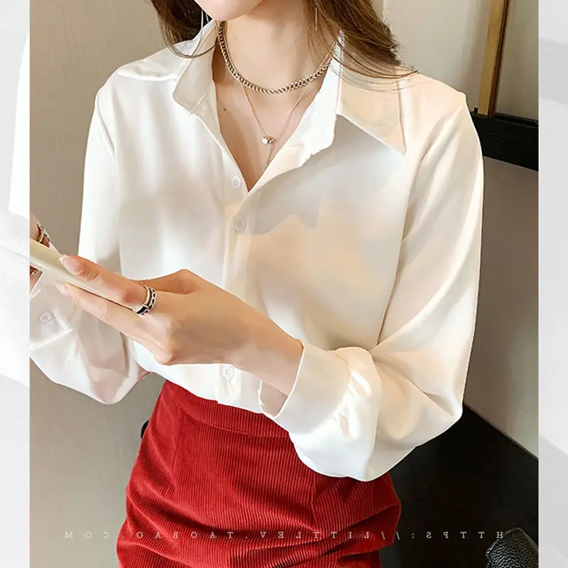 Elegant Fashion Korean White Long Sleeve Covered Button Comfortable Blouses Straight Loose Wild Solid Color Shirt Women Clothing