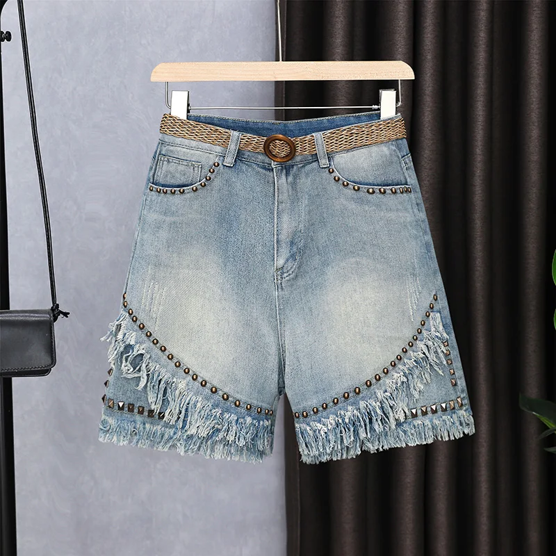 

European Style Rivet High Waisted Denim Shorts Women Summer Loose A-line Wide Leg Hot Pants Trendy High Street Tassels Shorts