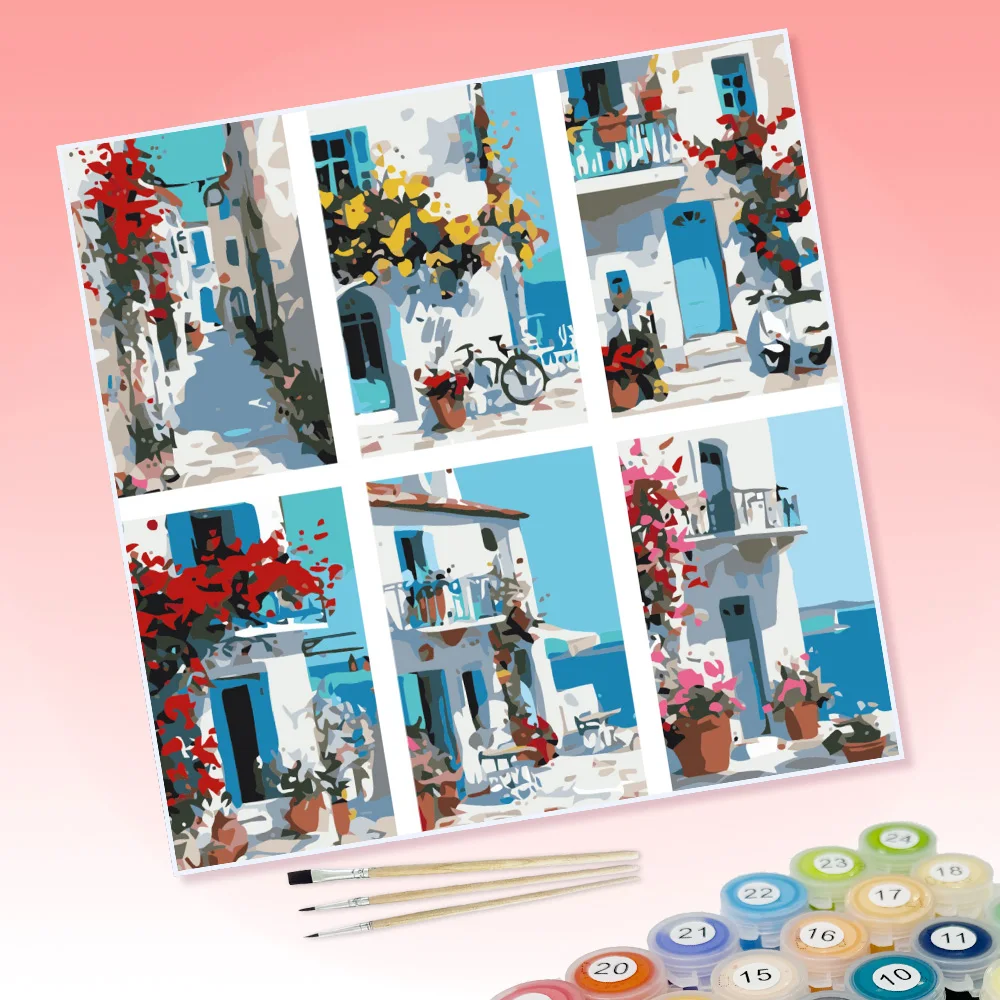 6 Stücke von DIY-Malbildern mit Meeres-, Haus- und Blumenmotiven, voller entspannter Atmosphäre, geeignet für die Wanddekoration zu Hause. – Detail 1