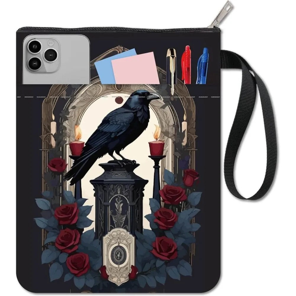 11x8.6In Book Cover Crow Cloth Rose Gothic Black Personality Sleeve Pocket Washable Reusable Double Sided Notebook Wraps