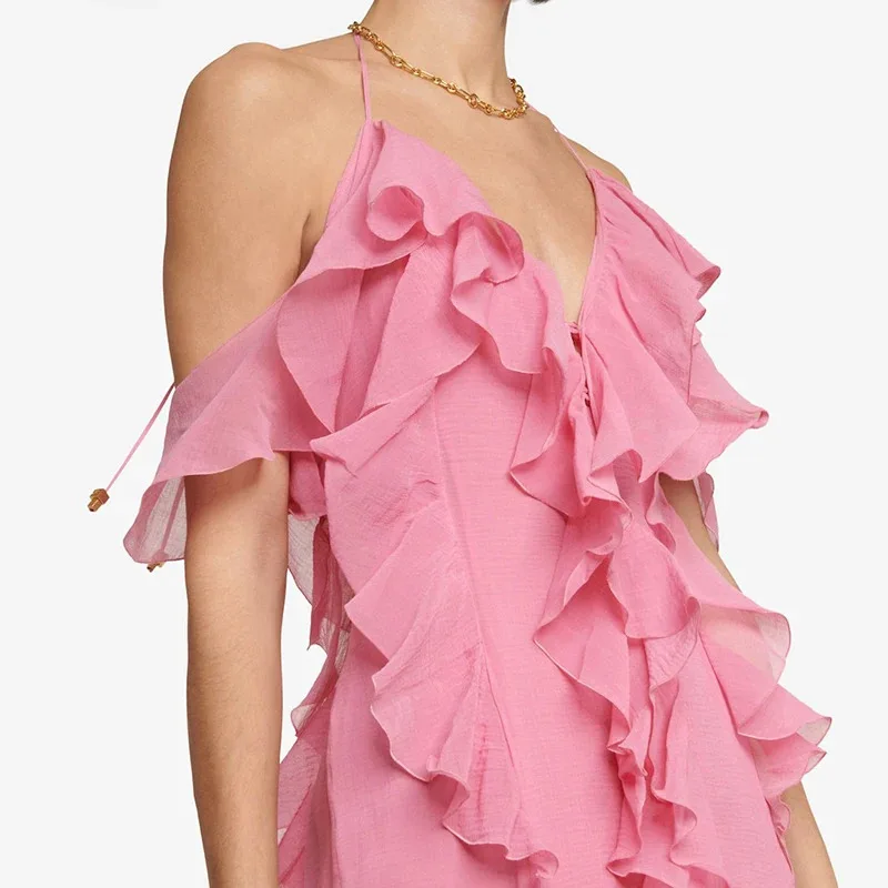 Elegant Suspender Solid Color Evening Dresses New Casual Sleeveless Hollow Out Beach Dress Stylish Ruffles Chiffon Maxi Dresses