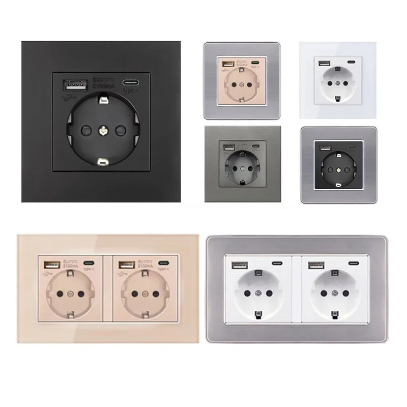 

250V 16A Dual USB Type-C Switch Socket EU European German Standard Wall Socket Panel 86 Type 86mm*86mm 146mm*86mm 5V 2.1A