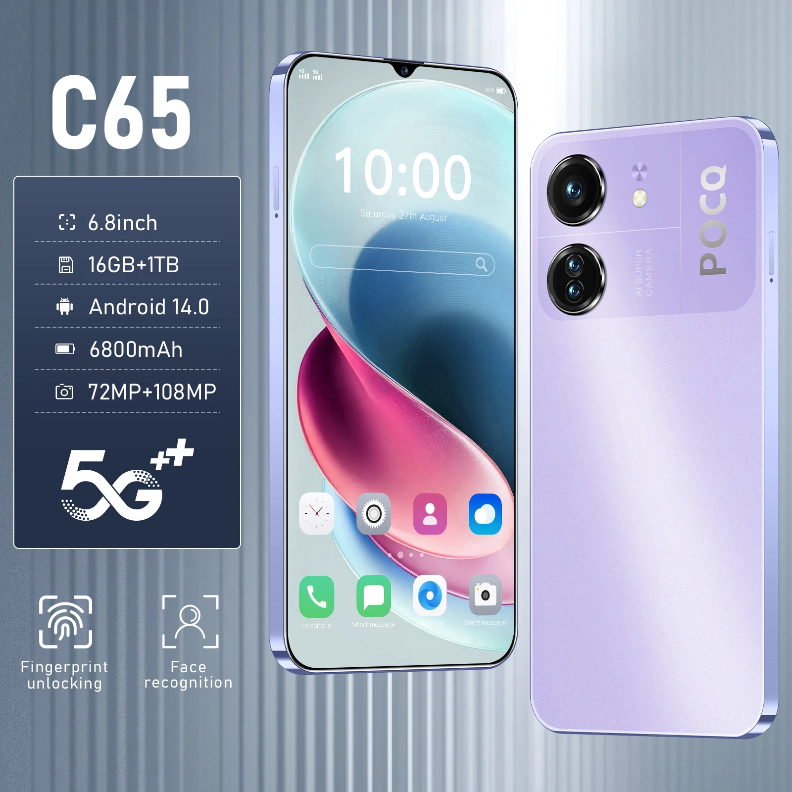 

C65 New Smartphone 5G 6.8-inch High-definition Android Snapdragon 8gen3 10core Dual SIM Cellphone 6800mAh Unlocking Mobile Phone
