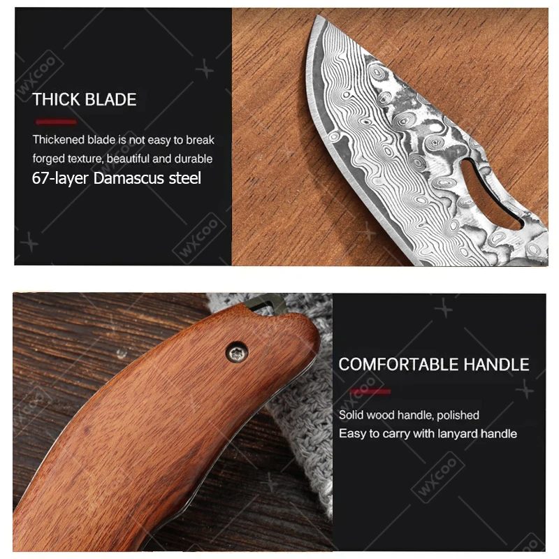 WXCOO Folding Knife Damascus Pattern Durable Pocket Knife Kitchen Accessories Fruit Vegetable Kitchen Meat Cleaver Fruit Knife