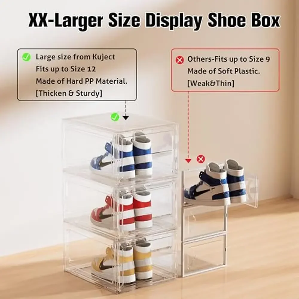 Organizador de armazenamento de sapatos empilhável, transparente, com porta magnética, tamanho XX-grande, 7 pacotes, vitrine, sapatos, chapéus, brinquedos