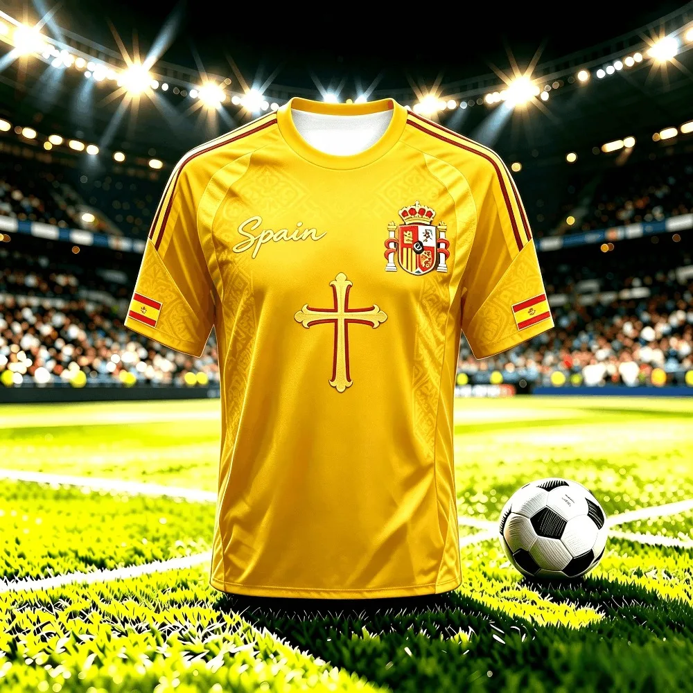 Adult Spain Soccer Jersey Cross Text Print Colorful Shoulder Strip Star Fabric Motifs 2026 Athletic Emblem Fan Football Shirt