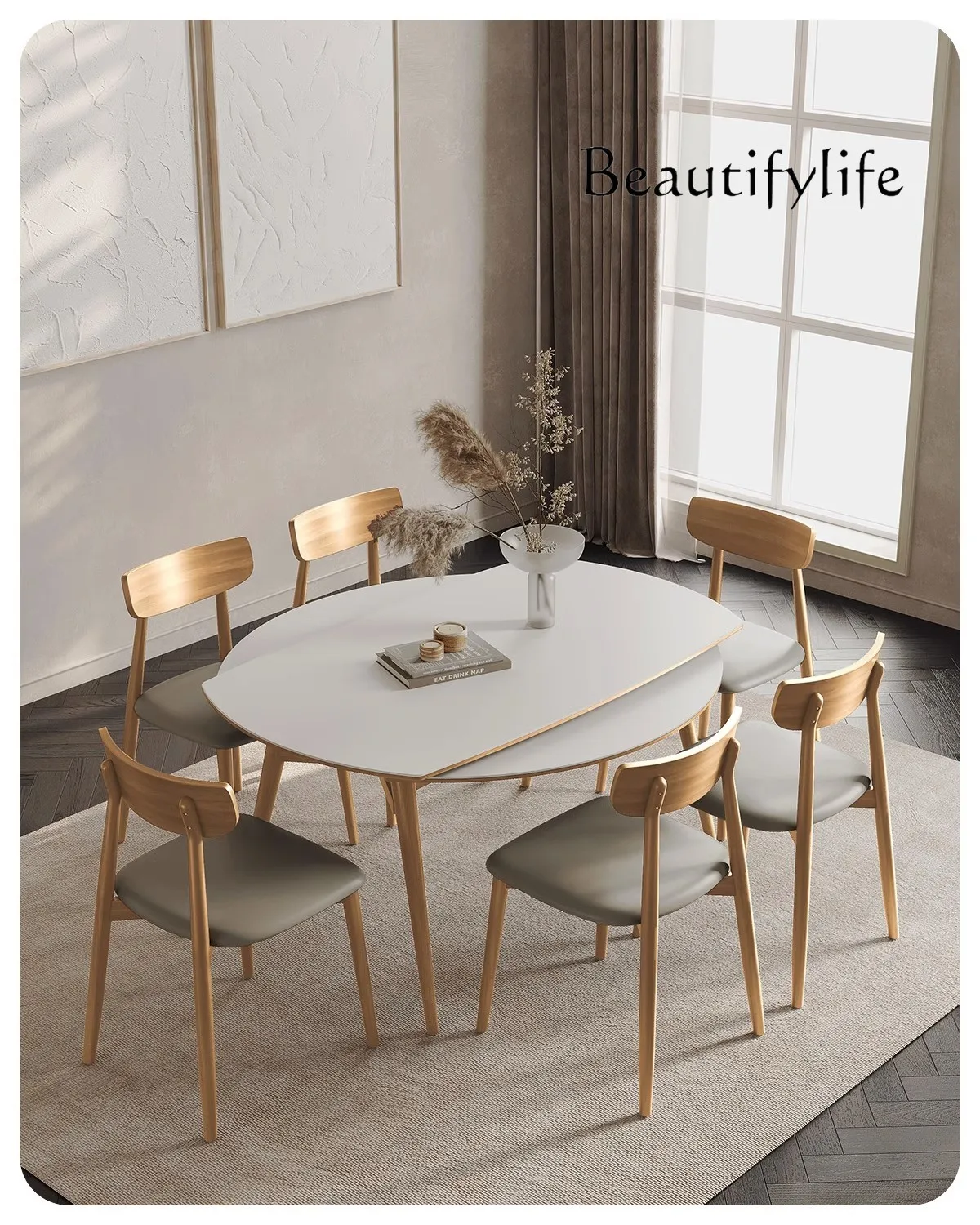 

Wabi Sansan retractable solid wood rock slab round dining table household log medium and ancient style folding dining table