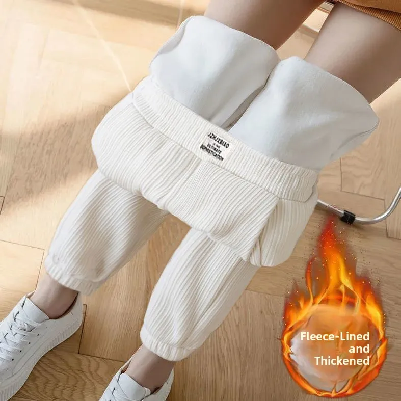 New Women\'s Corduroy Sports Pants Loose Fit Autumn Winter 2024 High Waist Nine Points Polyester Fiber Thickened Fleece Lined
