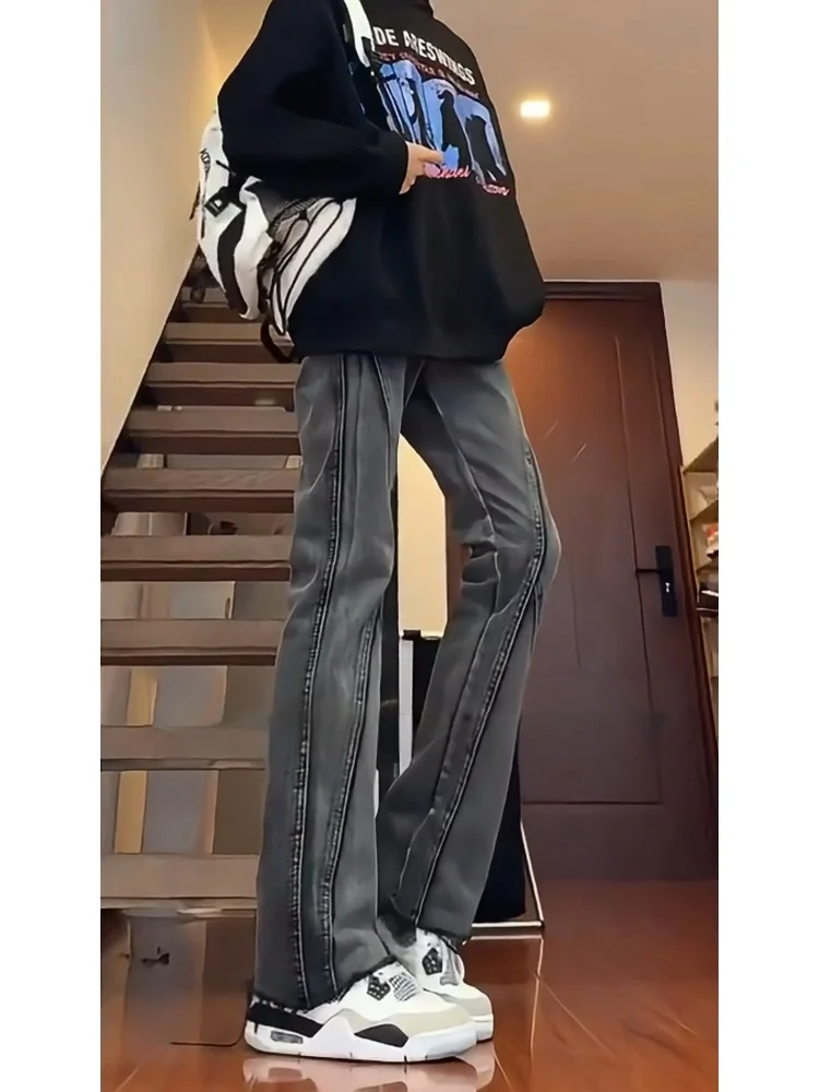 

Мужские джинсы Slim Fit с прямым кроем и вставками, весенне-осенние, в американском уличном стиле, с рваным дизайном, повседневные прямые брюки