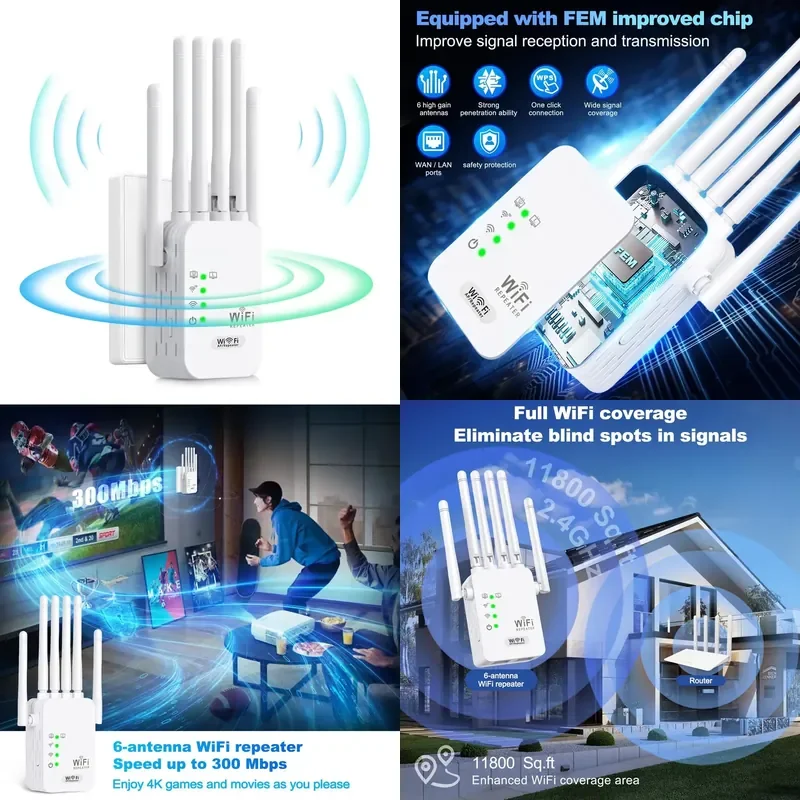 The fastest wireless repeater with a 300-meter wireless expander 6 antenna signal , covering homes up to 9000 square