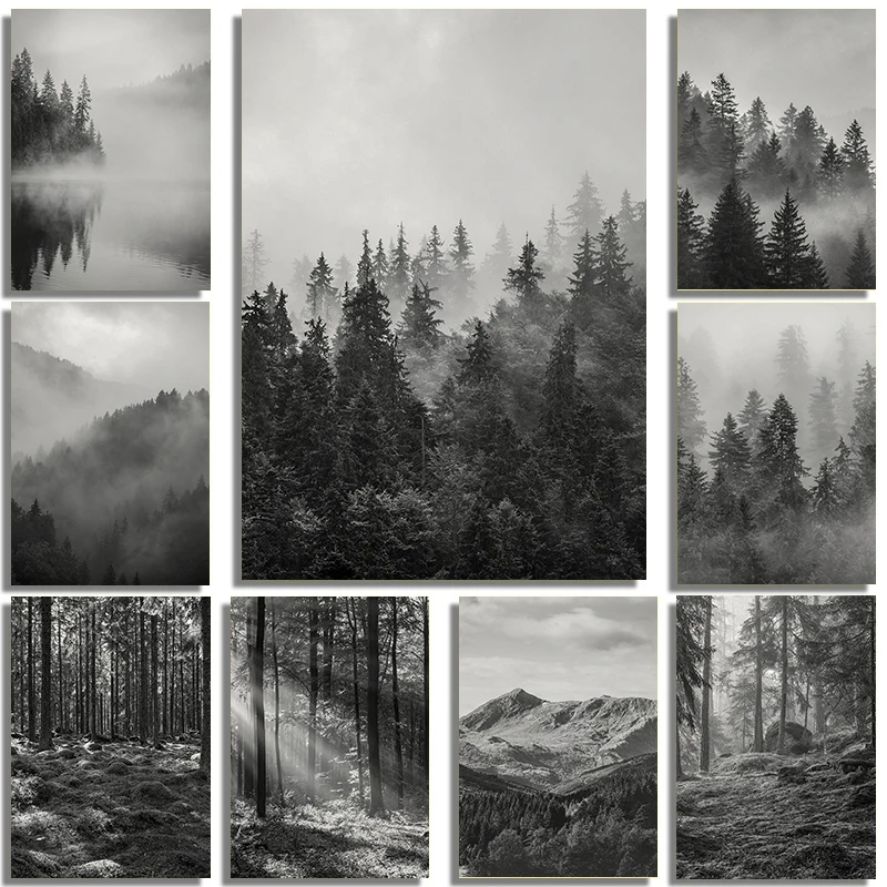 Black White Foggy Pine Tree Forest Mountains Posters and Prints Canvas Painting Wall Art Landscape Pictures for Room Home Decor