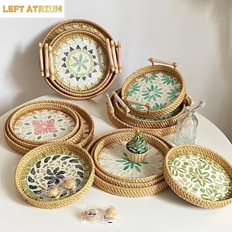 Korea Light Luxury Double-eared Shell Tray Natural Shell Rattan Storage Perfume Aromatherapy Decorative Tray Cake Bread Basket