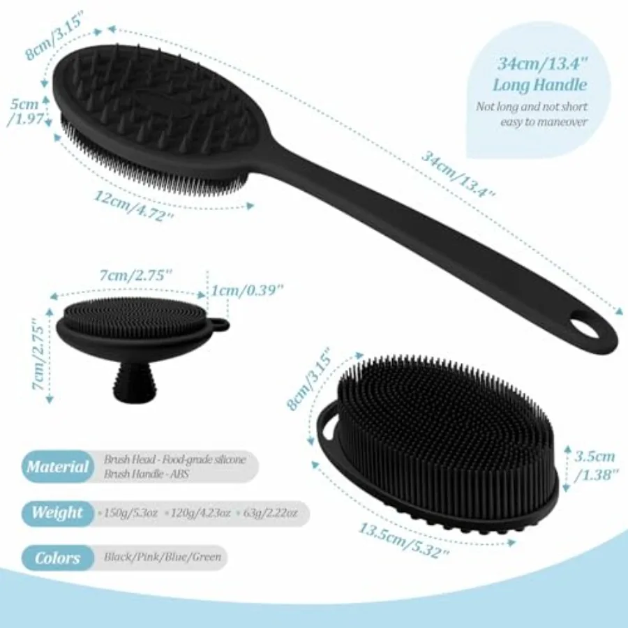 Silicone Back and Body and Face Scrubber Set 3PCS, Gentle Exfoliating Back and Body Scrubber with Dual-Side Brush Head, Hygieni