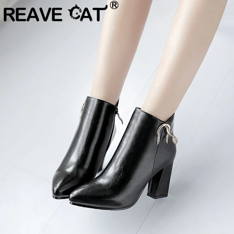 REAVE CAT Sexy Women Ankle Boots Pointed Toe Chunky Heels 8.5cm Decoration Small Size 32 33 Elegant Party Shoes 43