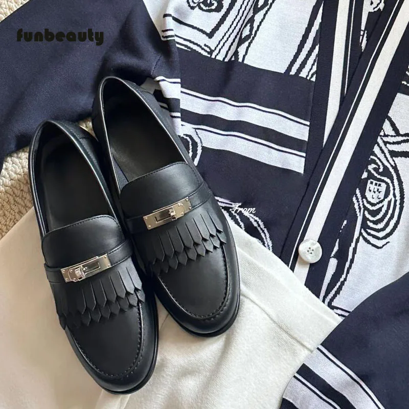 2024 Classic Little Gold Buckle Tassel Genuine Leather loafers Sneakers Lazy British Leather Shoes Flat Shoes Single Shoes