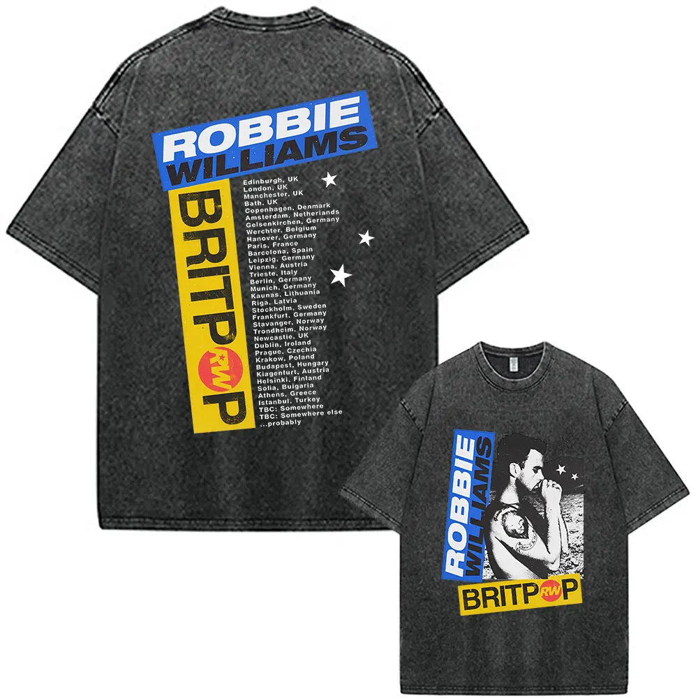 Robbie Williams Rw Tour Merch Vintage Washed T-Shirts Herren Damen Kleidung Mode Gothic Loose Kurzarm T-Shirts Streetwear – Detail 2