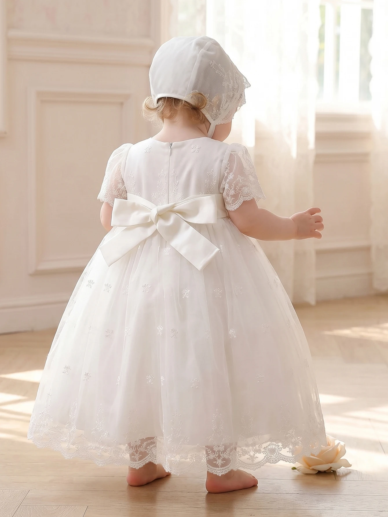 Baby Girls White Floral Embroidery Tulle Dress Lace Short Sleeves Scallop Hem For Baptism And Christening Wedding Birthday Party