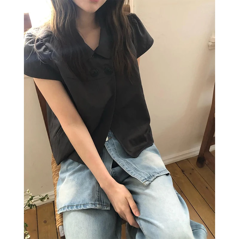 MEXZT Camicie nere vintage Donna Harajuku giapponese Camicette a maniche corte bianche con sbuffo corto Estate Coreano Design casual Top Nuovo