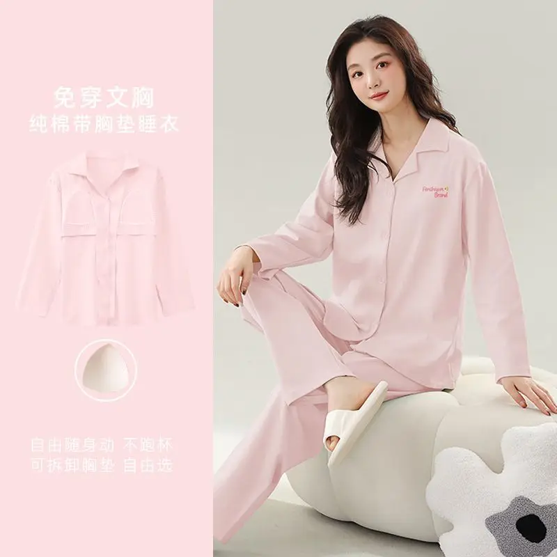 100% Cotton Pajamas Women's Winter Autumn Pijama Mujer with Chest Pads Long-sleeved Cardigan Lapel Large-size Loungewear 2pcs
