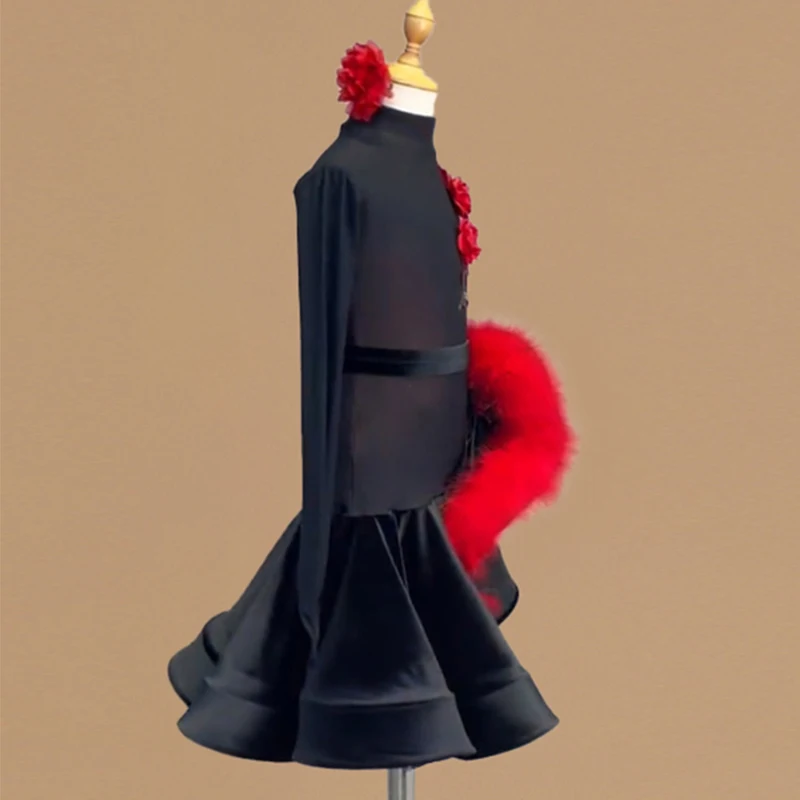 High End Rode Veer Rose Bloemen Latin Danswedstrijd Jurk Lange Mouwen Zwart Fishbone Meisjes Vrouwen Rumba Dans Jurk L18005