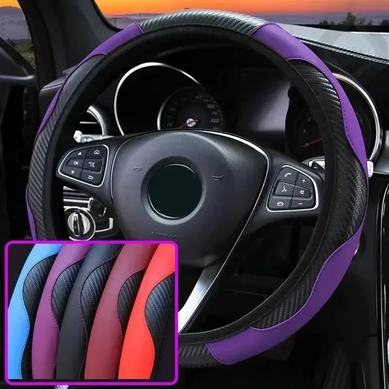 Cubierta protectora para volante de coche, Interior negro, morado, fibra de carbono, cuero, diámetro, fácil instalación, 1 ud.
