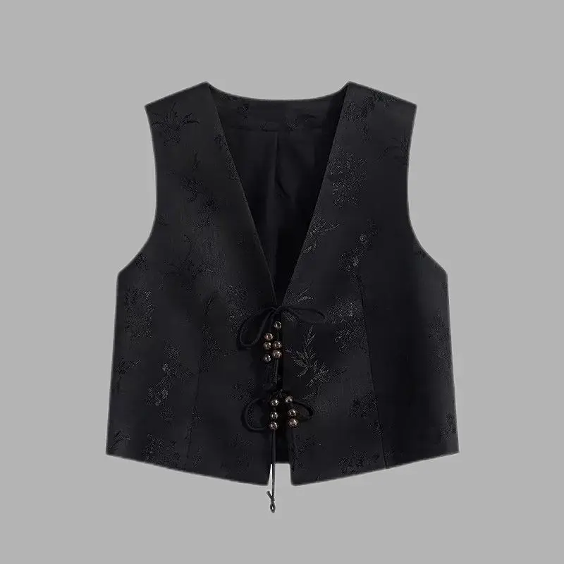 Retro Chinese Style Fashionable Jacquard Vest Outer Top with Stylish Laces Versatile Slimming Sleeveless Waistcoat