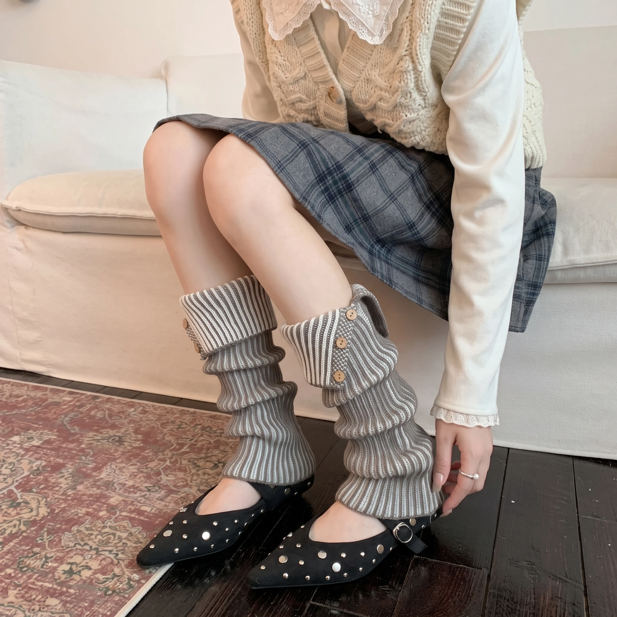 Moon Girl Striped Knit Slouch Socks for Women, Autumn Winter Simple Versatile Mid‑Calf Leg Warmers, Warm Fashion Ladies Socks for Daily Matching Outfits