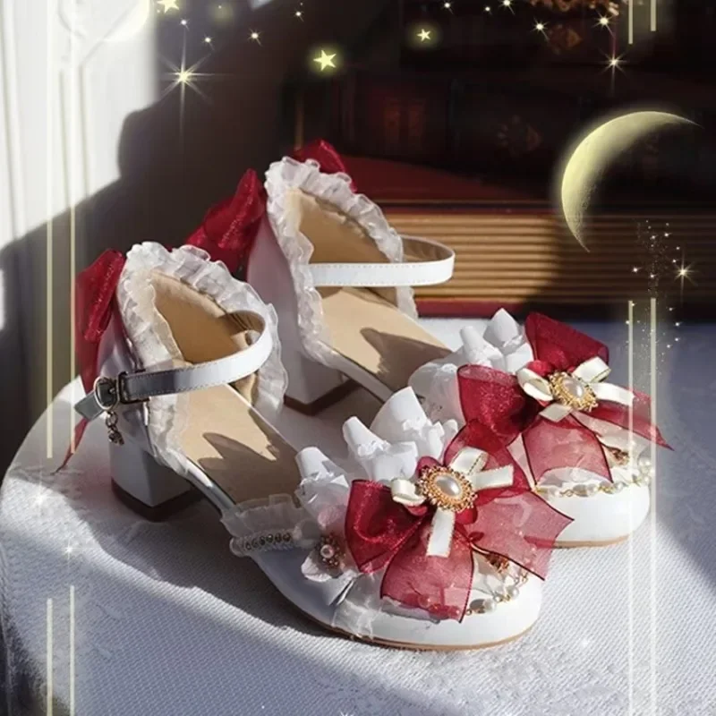 

Sweet Summer Lolita Mary Jane Handmade Wedding Shoes Women's Gorgeous Lace Bow Thick Heel Round Head High Heels Sports Shoes