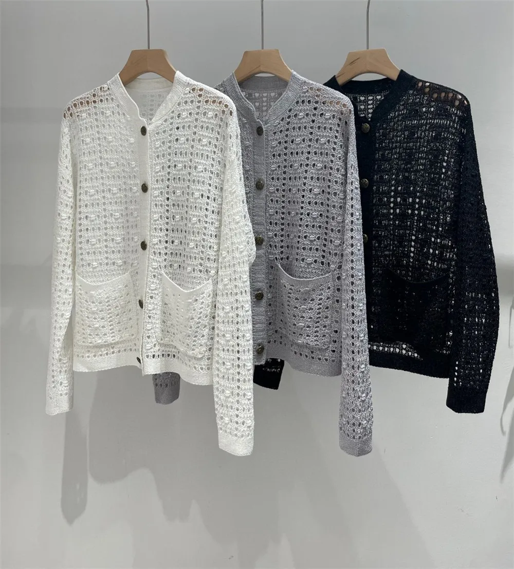 Spring and Summer Hollow Knitted Cardigan Casual Double Pocket Long-Sleeved Female Jacket Top