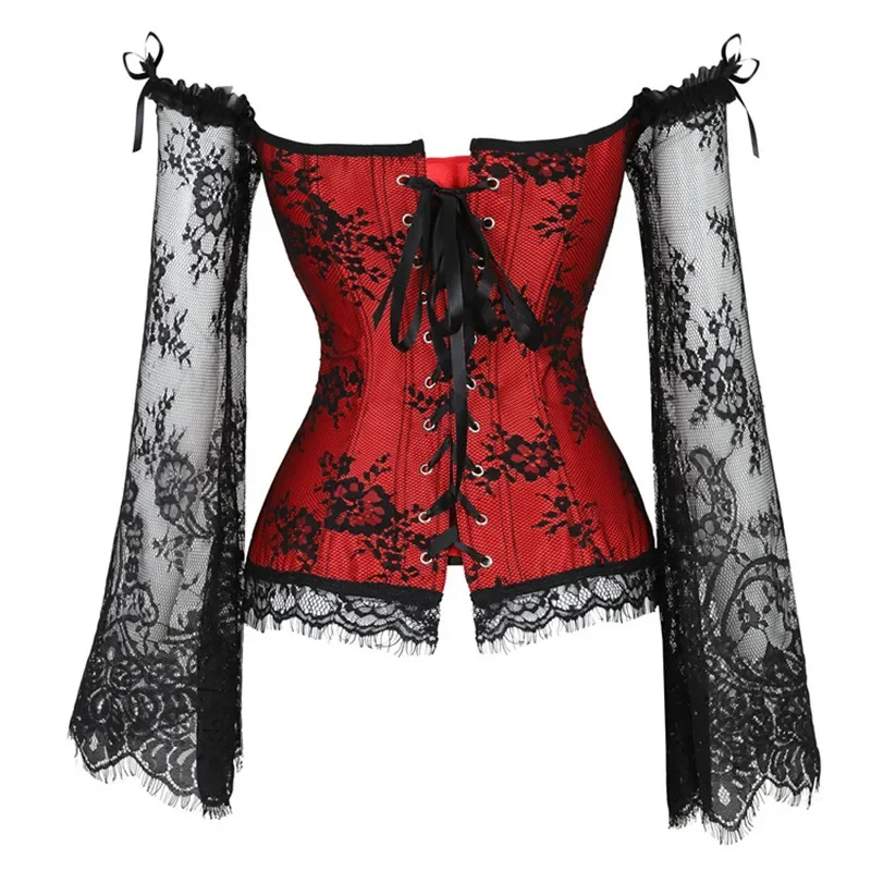 Corset Top Women Sexy Overbust Bustier with Off Shoulder Long Sleeves Corsets Plus Size Lace Floral Gothic Vintage Corselet