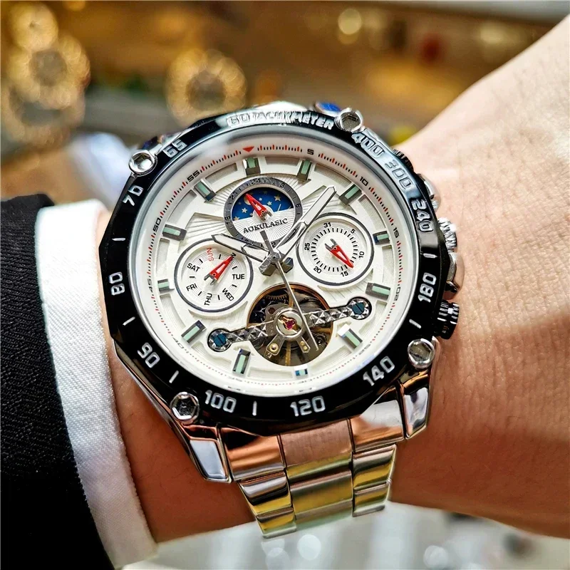 

AOKULASIC Male Mechanical Watch Automatic Stainless Steel Tourbillon Watches Moon Phase Sports Wristwatch Waterproof Clock Male