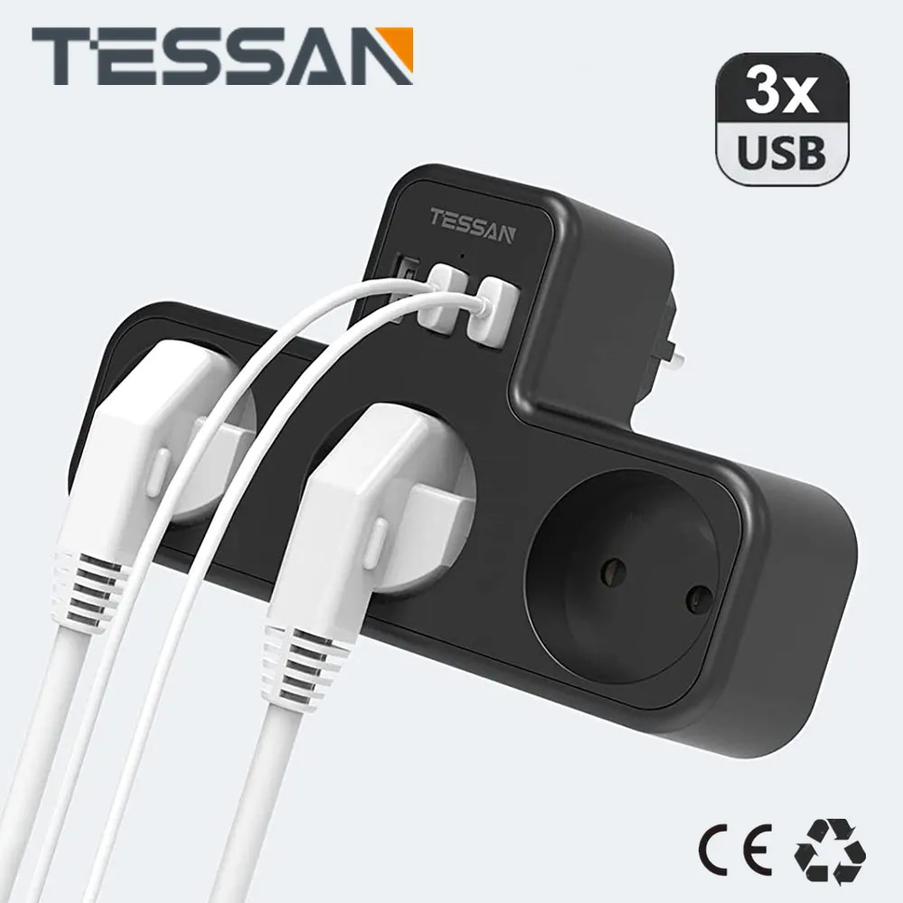 TESSAN USB Plug Adapter Multi Outlets with 3 Sockets 3 USB Ports 6 in 1 Thief Socket European Multiple Plug Power Strip for Home