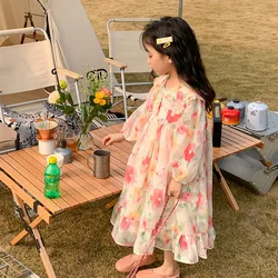 2024 Spring New Girls Rural Style Dress Summer Children'S Clothing Party Princess Evening Chiffon Romantic Flower French Dresses