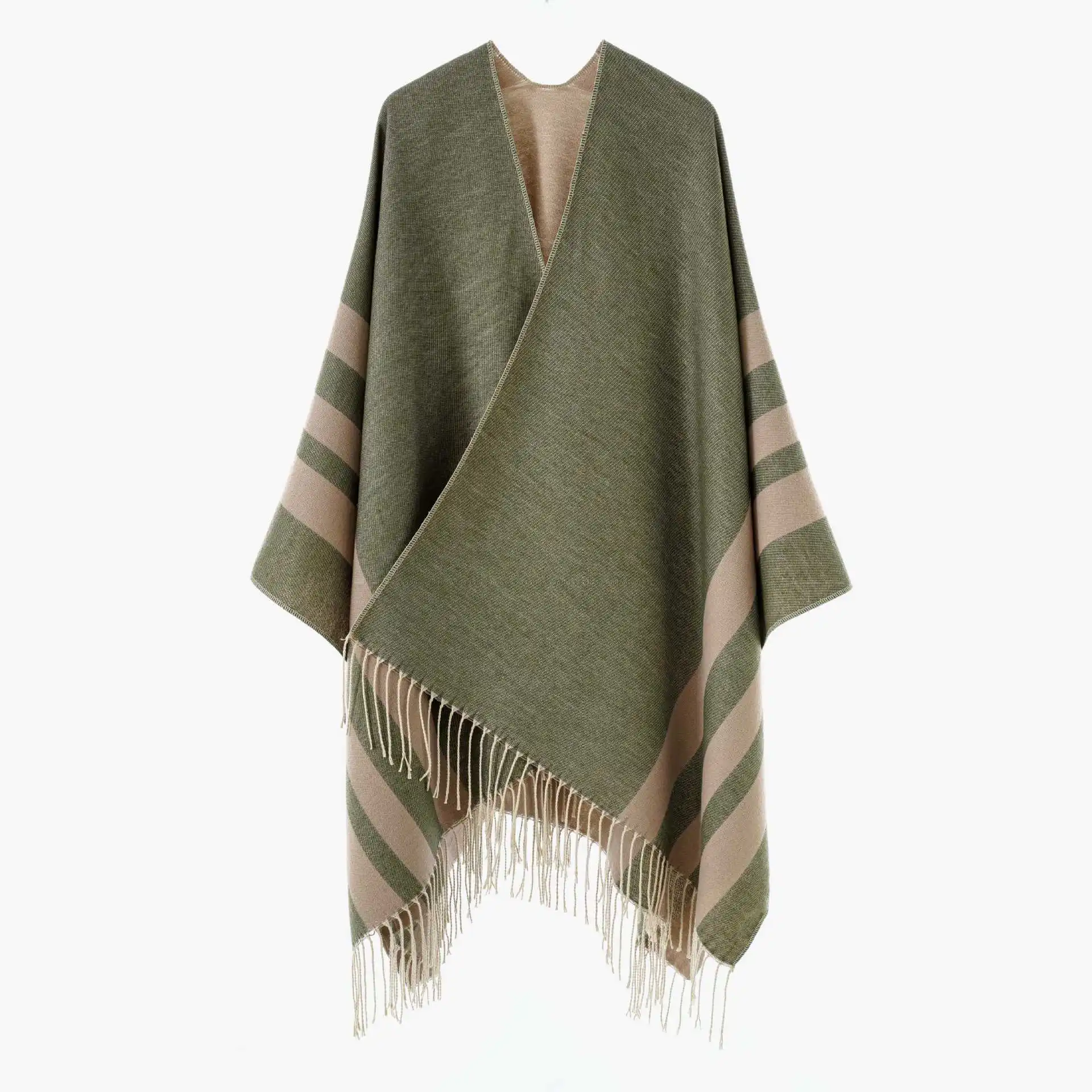 Double-Sided Cashmere-Like Wrap Women's Loose V-Neck Tassel-Collar Cowl Neck Poncho in Green And Brown Stripes Vintage Style