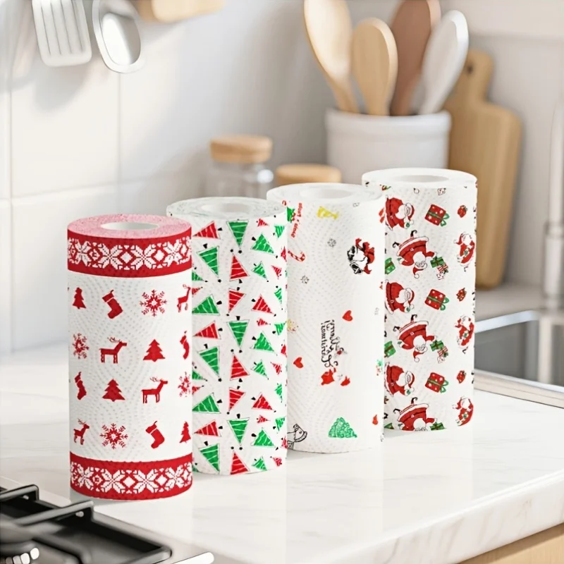 Christmas Paper Towels for Kitchen, Disposable Christmas Print Paper Towel Rolls, Highly Absorbent Hand Towels for Holiday