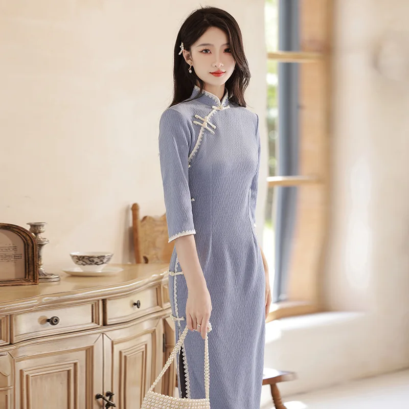 

Cheongsam Improved Spring Young Girls Literary Artistic Small Fresh Sweet Blue Slim Dress Women's Traditional Chinese Clothing