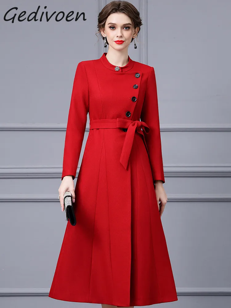 Gedivoen Autumn Fashion Runway Red Vintage Trench Coat Women O Neck Button Pockets Frenulum Gathered Waist Slim Long Trench Coat