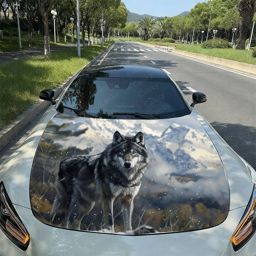 Snow Wolf Mountain Car Hood Sticker PVC Self Waterproof Stick, Striking Auto Exterior Accessories Decor Protect Gift for Lover