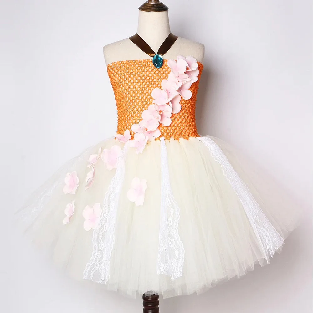 Beige Orange Moanna Princess Dresses for Kids Christmas Halloween Costumes for Girls Ballet Tutus with Necklace Flowers Hairclip