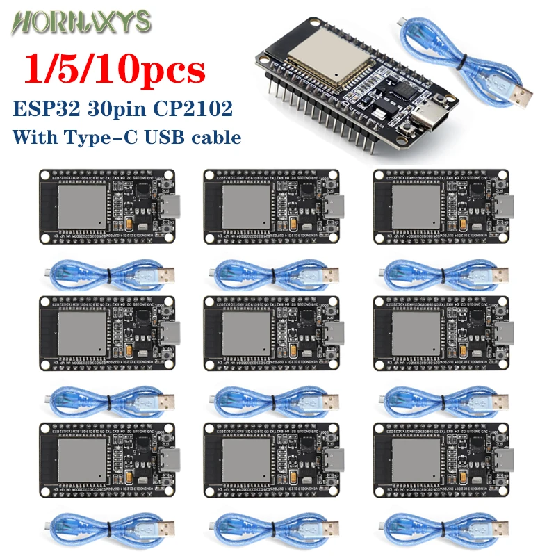 10/1Pcs ESP32 30Pin Dev Board CP2102 WiFi Bluetooth Dual Core ESP-32 Microcontroller Type-C Cable Arduino IDE IoT Smart Home DIY