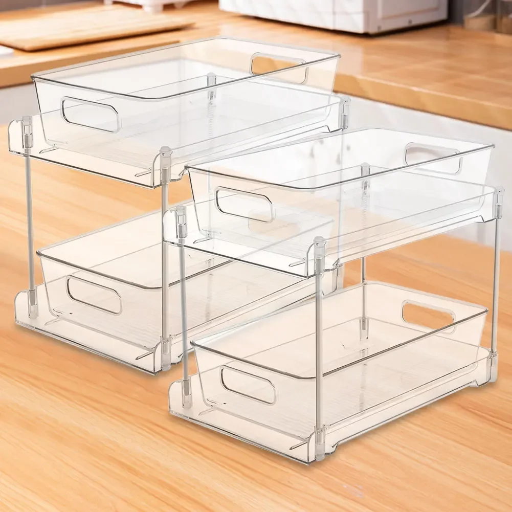 Under Sink Closet Organizer Multipurpose 2 Tier Clear Storage Drawers Rectangle Space Saving for Kitchen Pantry Office Desktop