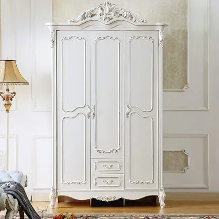 solid wood 3 door white wardrobe, french style luxurious solid wood wardrobe closet, bedroom furniture cabinet